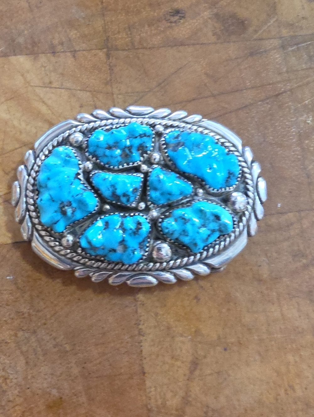 Turquoise Stone Silver Belt Buckle - Blue Turquoise Accent